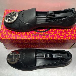 Tory Burch Classic Reva Ballet Flats Black/Silver Used Size 9 Box Not Included